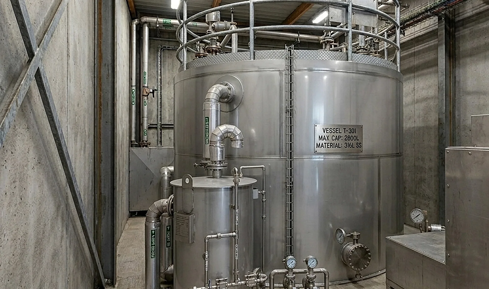 Cuve inox 316L de 2800L avec instrumentation et tuyauterie process, ingénierie équipements industriels par Arkeom