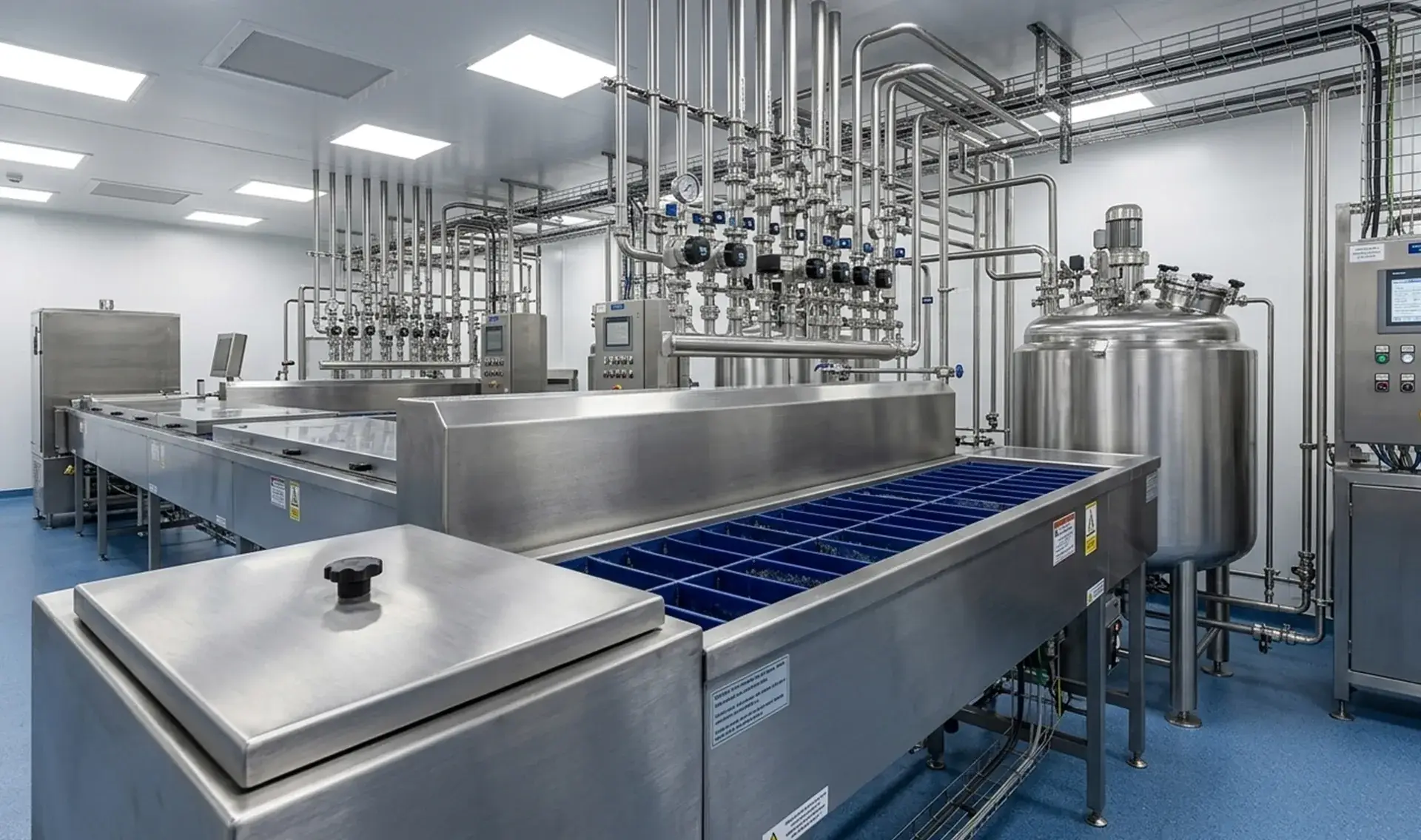 Salle de process pharmaceutique avec cuves inox et réseau de tuyauteries, ingénierie équipements par Arkeom