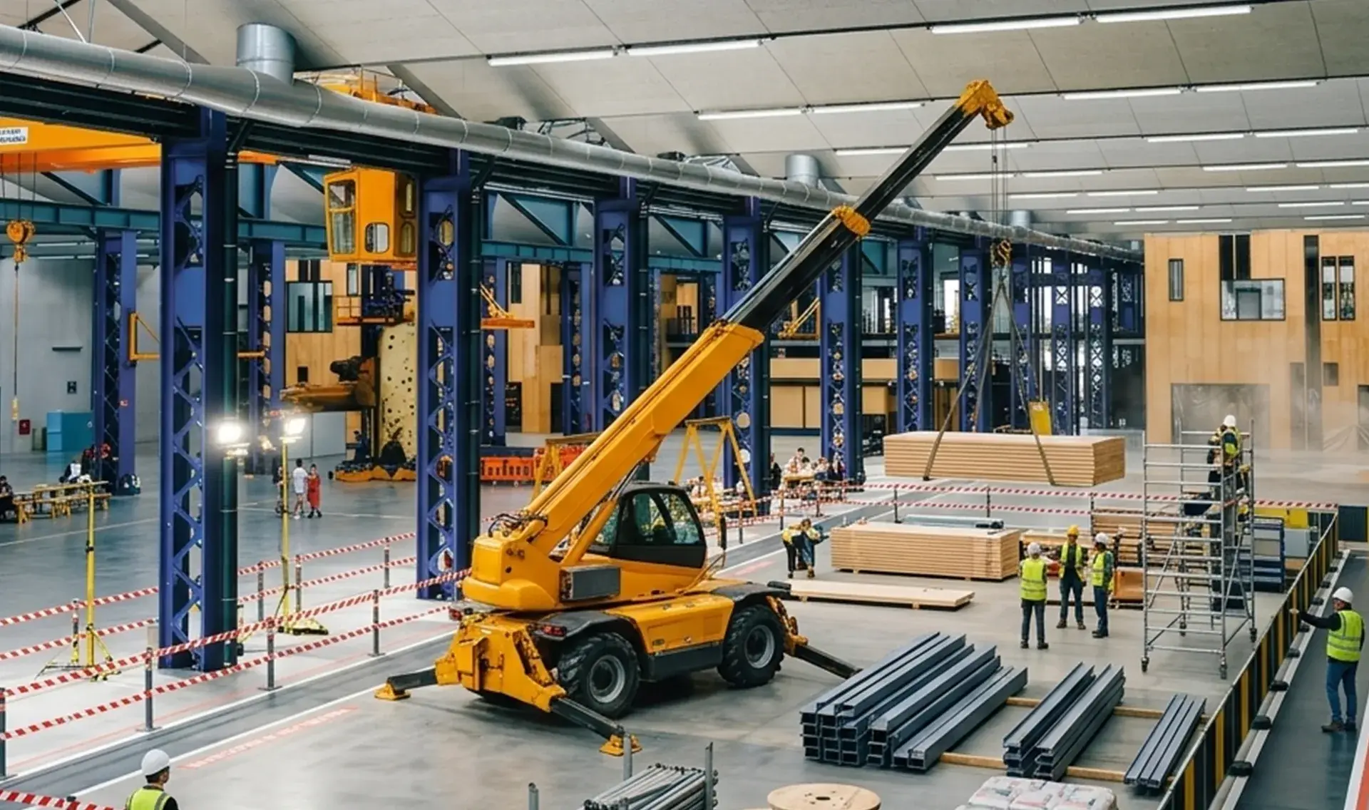 Chantier de réhabilitation intérieure avec grue et charpente métallique, maîtrise d'oeuvre Arkeom