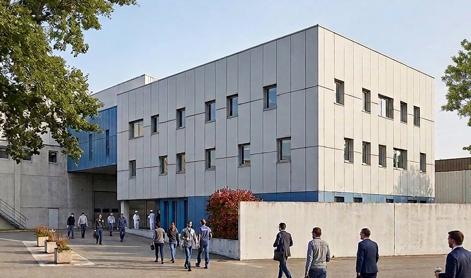 Rendu 3D d'un bâtiment industriel en domaine viticole avec façade vitrée, conception et ingénierie par Arkeom