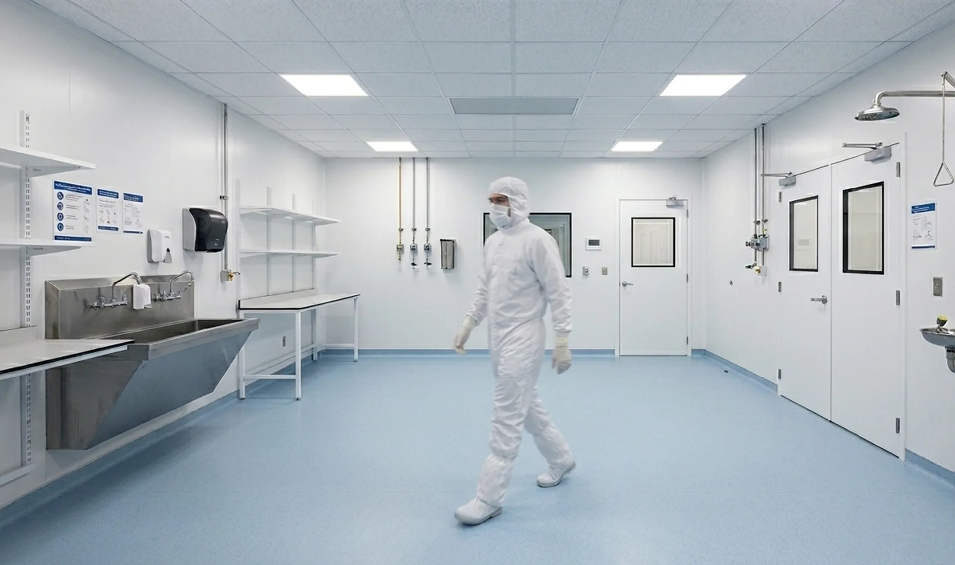 Zone de production en salle blanche ISO avec technicien en combinaison, lavabo inox et réseau fluides, réalisation Arkeom